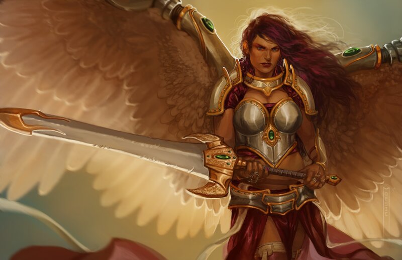 Angelic Warrior with Sword — Brown, Dramatic, Digital Art, Wings, Armor