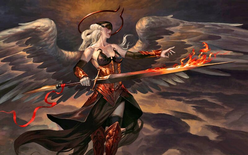 Angelic Warrior with Sword — Brown, Dramatic, Digital Art, Wings, Flame