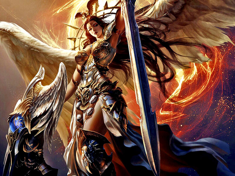 Angelic Warrior with Sword — Gold, Dramatic, Digital Art, Wings, Armor, Shield