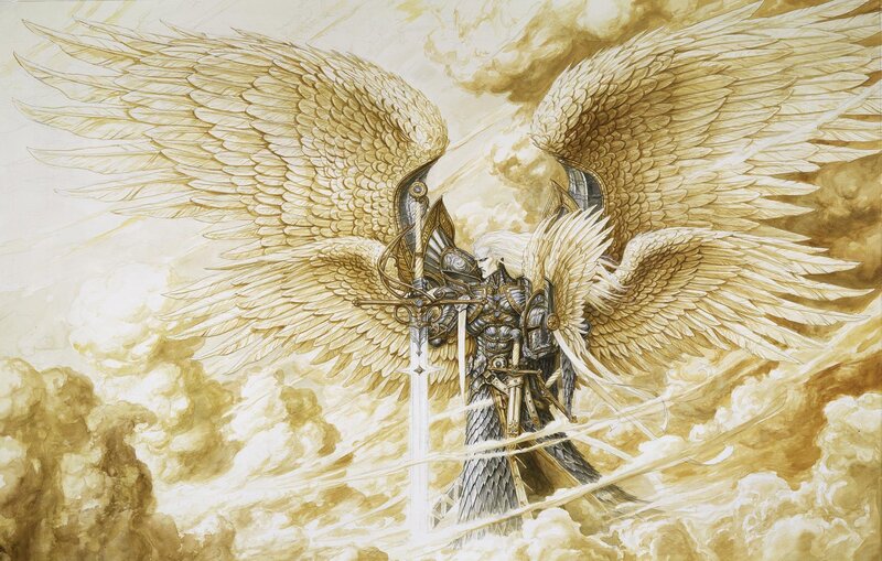 Angelic Warrior with Sword — Gold, Dramatic, Illustration, Wings, Armor