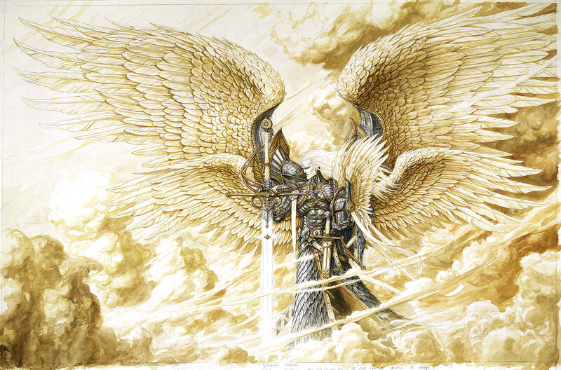Angelic Warrior with Sword — Gold, Dramatic, Illustration, Wings