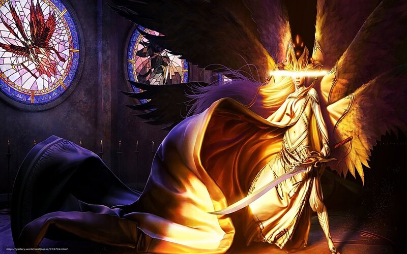 Angelic Warrior with Sword — Gold, Dramatic, Night, Digital Art, Stained Glass