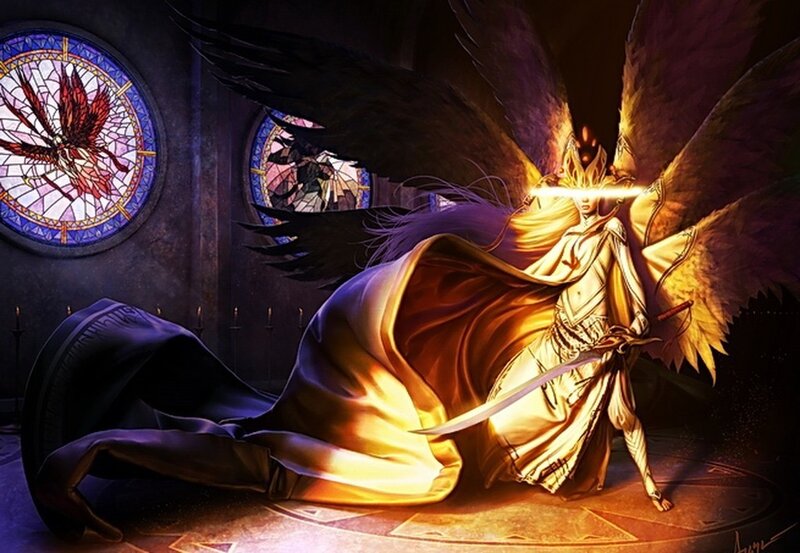 Angelic Warrior with Sword — Gold, Dramatic, Night, Digital Art, Stained Glass, Wings, Candles, Black, Purple