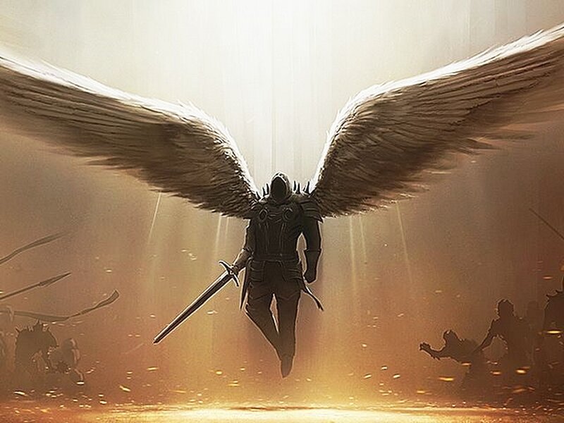 Angelic Warrior with Sword — Gold, Dramatic, Sunset, Digital Art