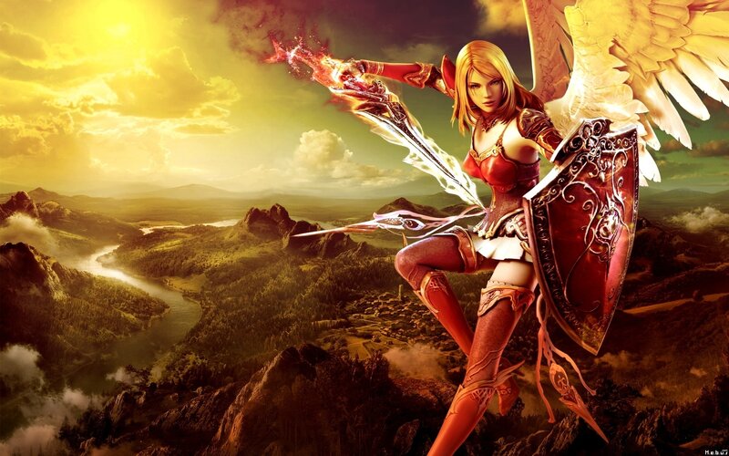 Angelic Warrior with Sword — Gold, Dramatic, Sunset, Digital Art, Wings, Shield