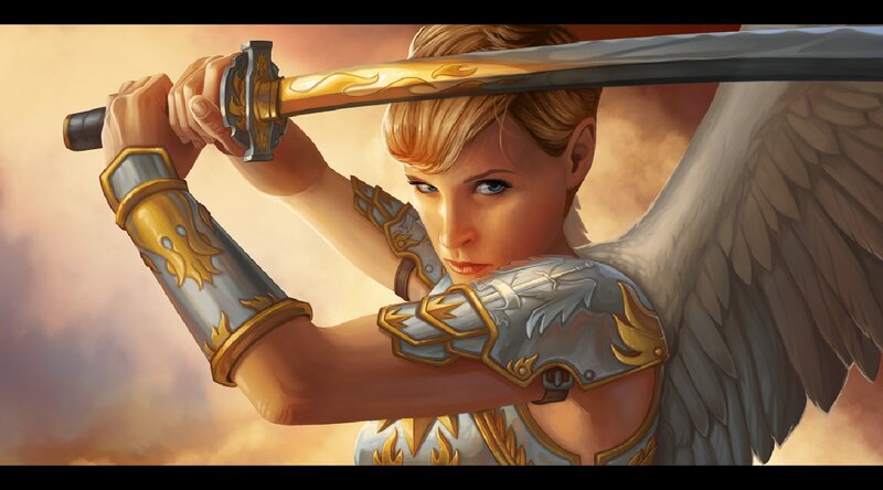 Angelic Warrior with Sword — Gold, Dramatic, Sunset