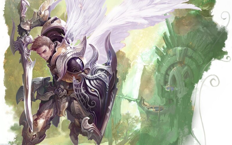 Angelic Warrior with Sword — Green, Dramatic, Digital Art, Shield