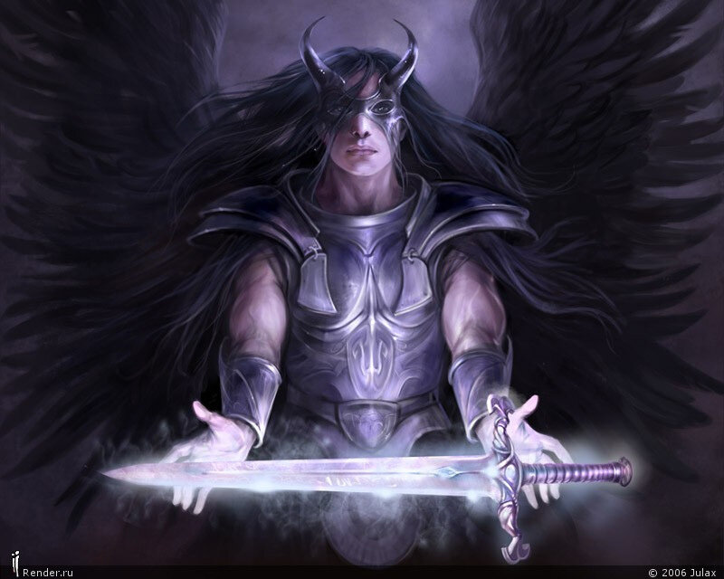 Angelic Warrior with Sword — Purple, Dramatic, Digital Art, Wings, Armor, Black