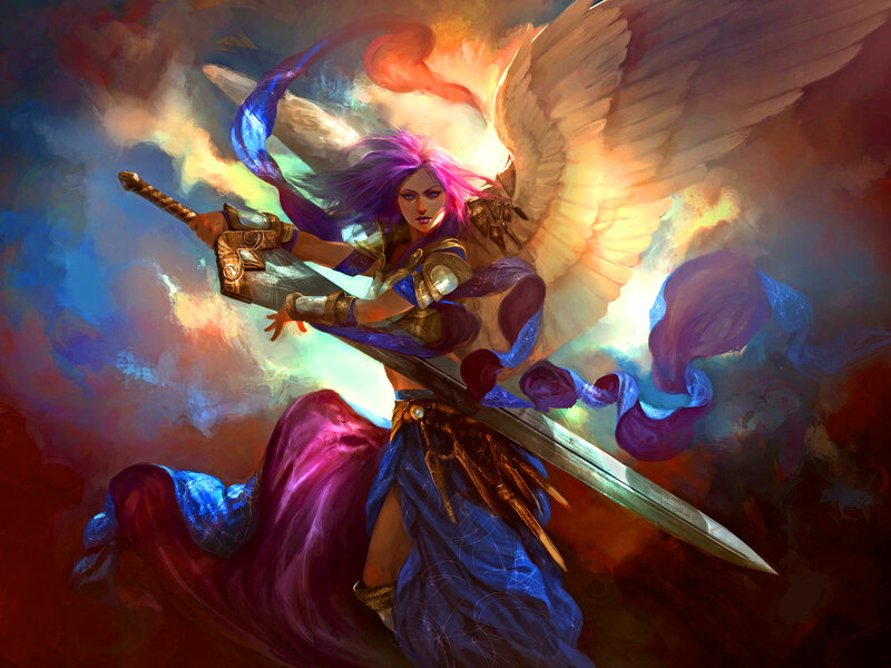 Angelic Warrior with Sword — Purple, Dramatic, Digital Art, Wings, Clouds