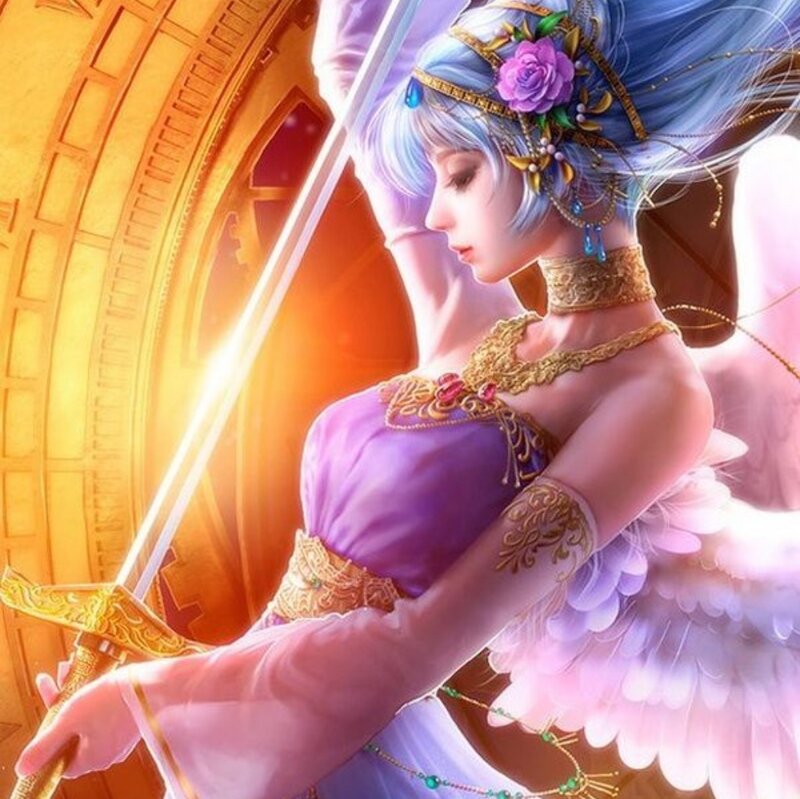 Angelic Warrior with Sword — Purple, Dramatic, Digital Art, Wings, Crown