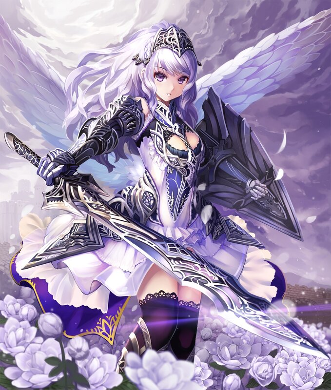 Angelic Warrior with Sword — Purple, Dramatic, Digital Art, Wings, Shield
