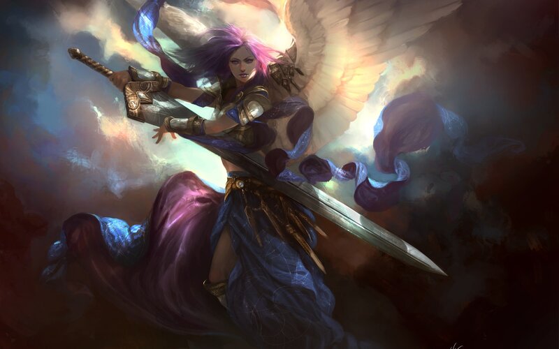 Angelic Warrior with Sword — Purple, Dramatic, Digital Art, Wings
