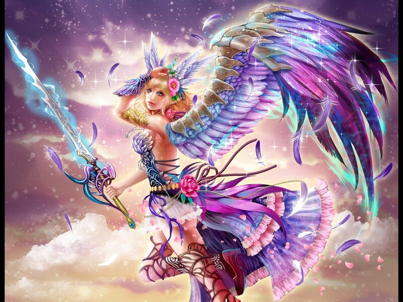 Angelic Warrior with Sword — Purple, Dramatic, Night, Digital Art, Wings, Clouds