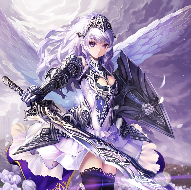 Angelic Warrior with Sword — Purple, Dramatic, Night, Digital Art, Wings, Shield