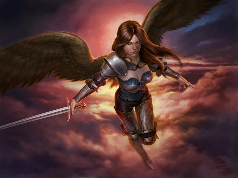 Angelic Warrior with Sword — Purple, Dramatic, Sunset, Digital Art