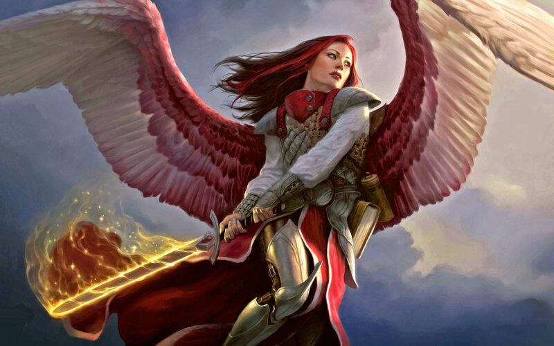 Angelic Warrior with Sword — Red, Dramatic, Digital Art, Wings, Armor
