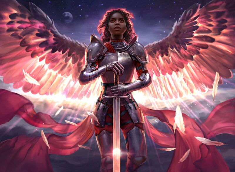 Angelic Warrior with Sword — Red, Dramatic, Night