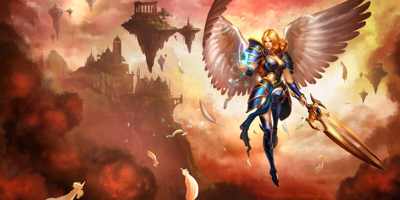 Angelic Warrior with Sword — Red, Dramatic, Sunset