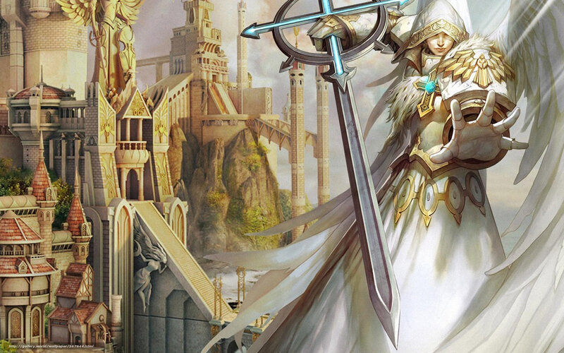 Angelic Warrior with Sword — White, Dramatic, Digital Art, Castle