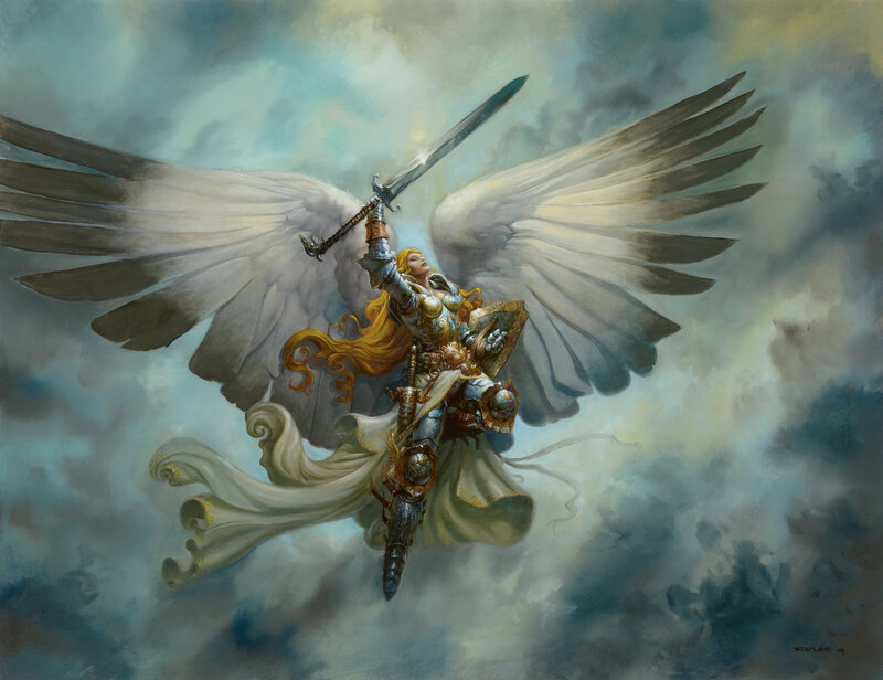 Angelic Warrior with Sword — White, Dramatic, Digital Art, Shield