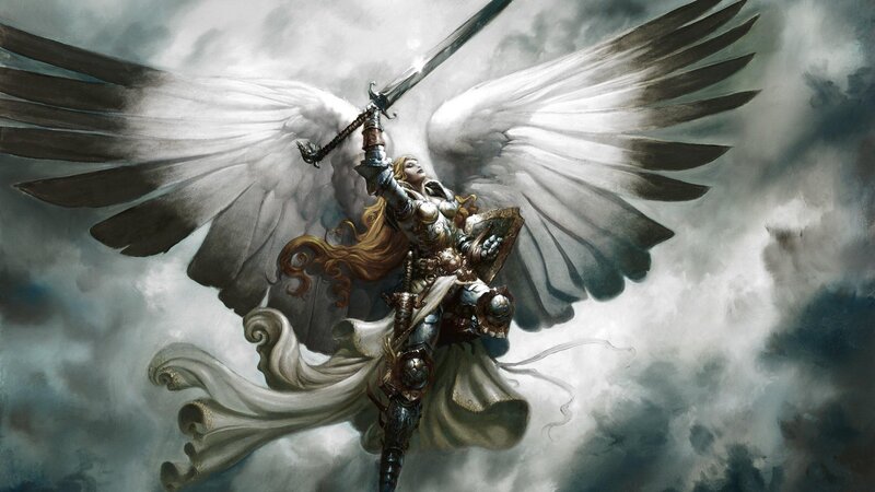 Angelic Warrior with Sword — White, Dramatic, Digital Art, Wings, Armor, Clouds