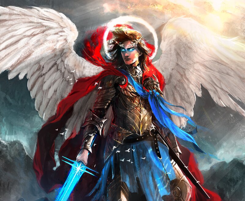 Angelic Warrior with Sword — White, Dramatic, Digital Art, Wings, Armor, Halo, Red