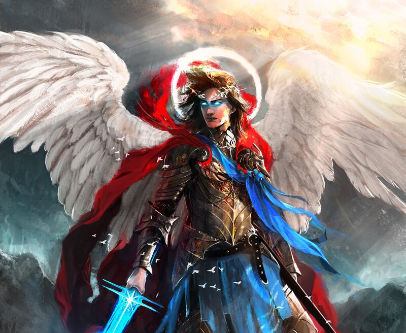 Angelic Warrior with Sword — White, Dramatic, Digital Art, Wings, Armor, Halo