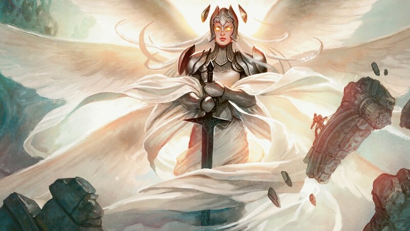 Angelic Warrior with Sword — White, Dramatic, Digital Art, Wings, Armor, Rocks