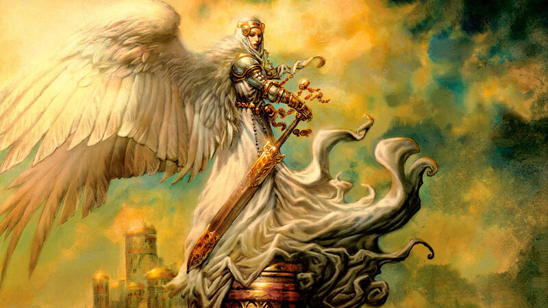 Angelic Warrior with Sword — White, Dramatic, Digital Art, Wings, Castle