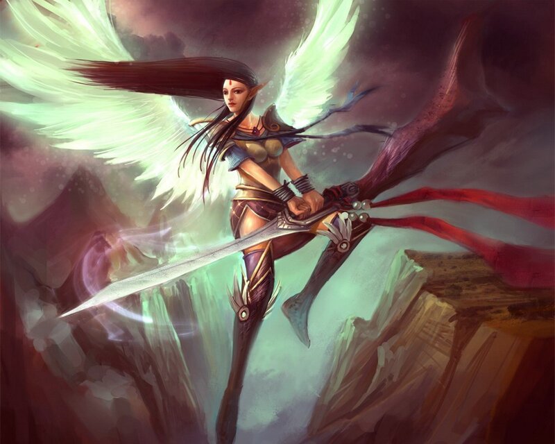 Angelic Warrior with Sword — White, Dramatic, Digital Art, Wings, Mountain