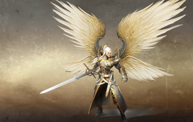 Angelic Warrior with Sword — White, Dramatic, Digital Art, Wings