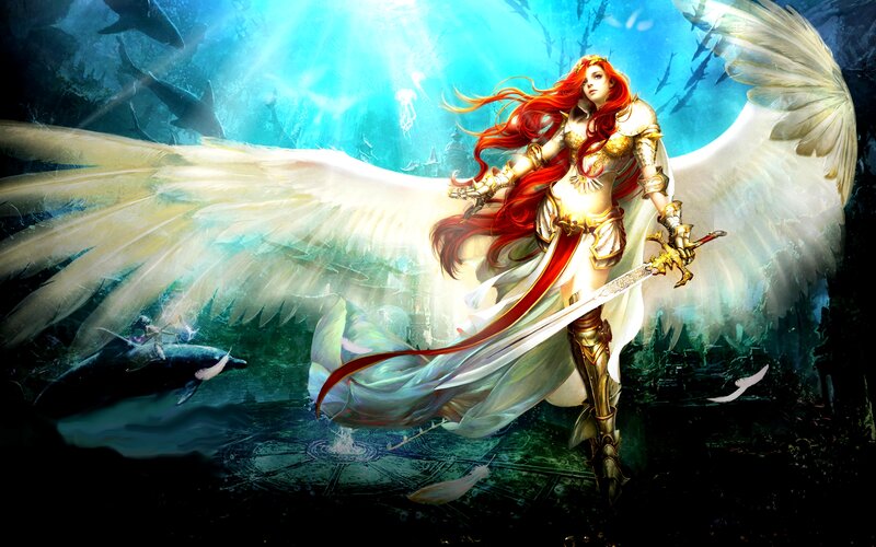 Angelic Warrior with Sword — White, Dramatic, Digital Art, Wings, Underwater
