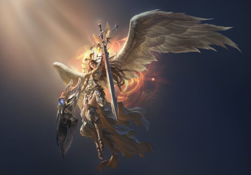 Angelic Warrior with Sword — White, Dramatic, Night, Digital Art, Wings