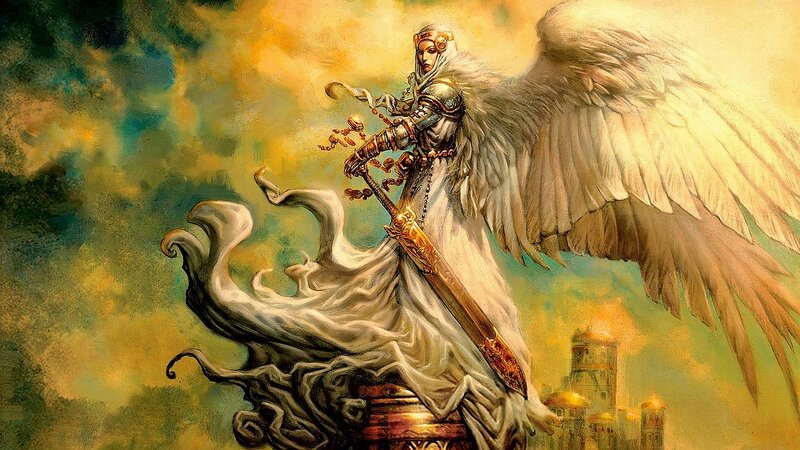 Angelic Warrior with Sword — White, Dramatic, Sunset, Digital Art