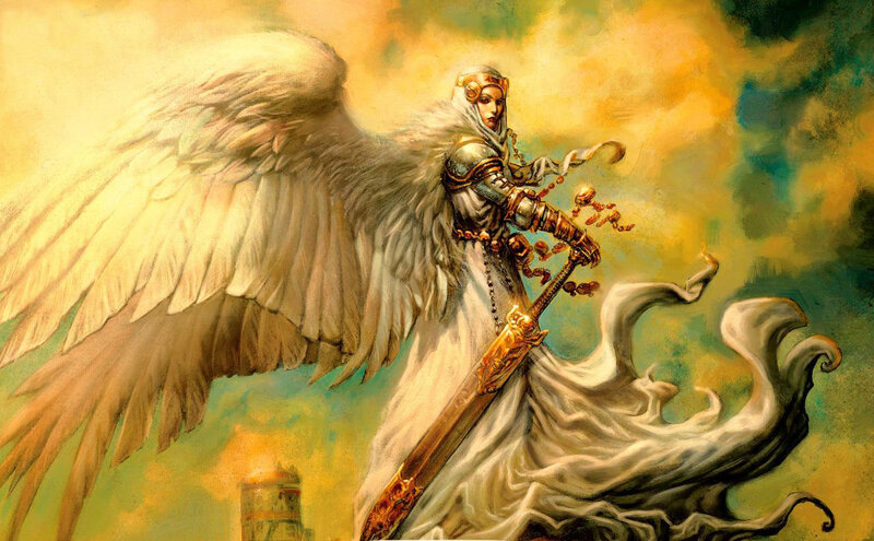 Angelic Warrior with Sword — Yellow, Dramatic, Digital Art
