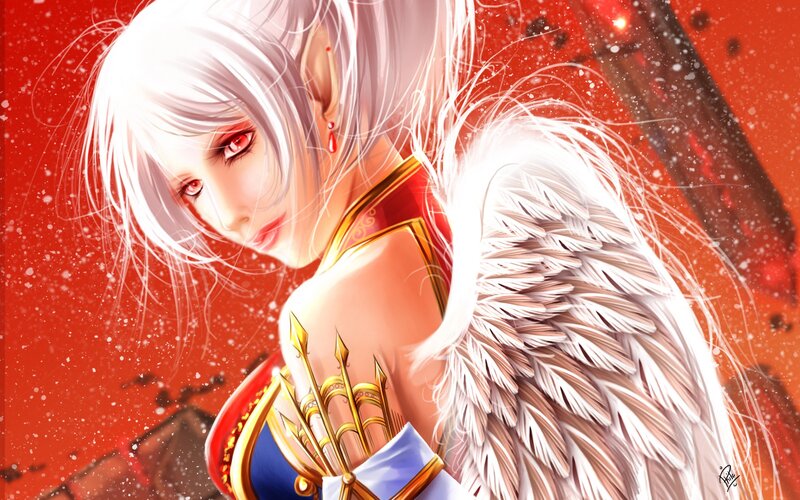 Angelic Warrior with White Wings — Red, Dramatic, Digital Art