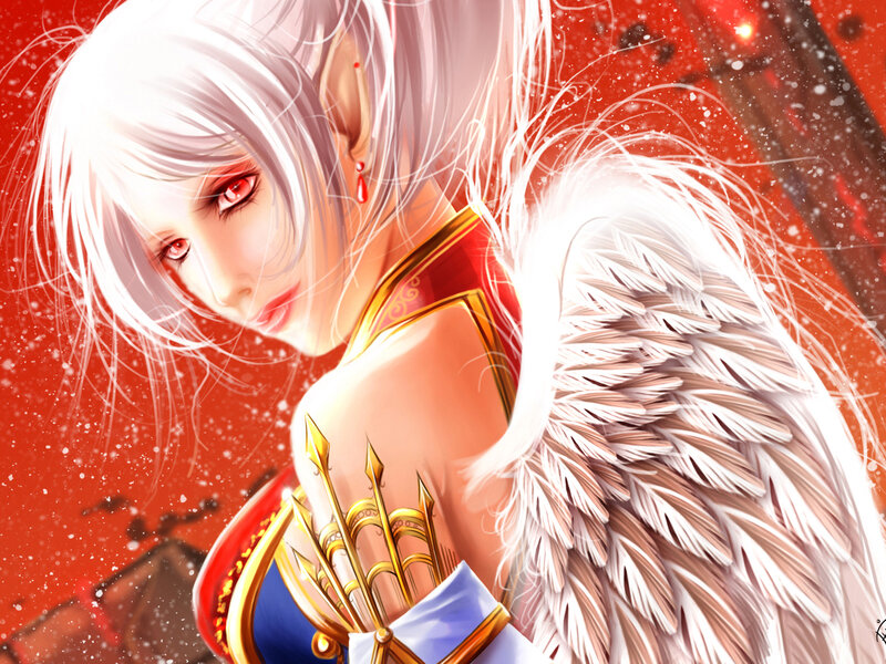 Angelic Warrior with White Wings — Red, Dramatic