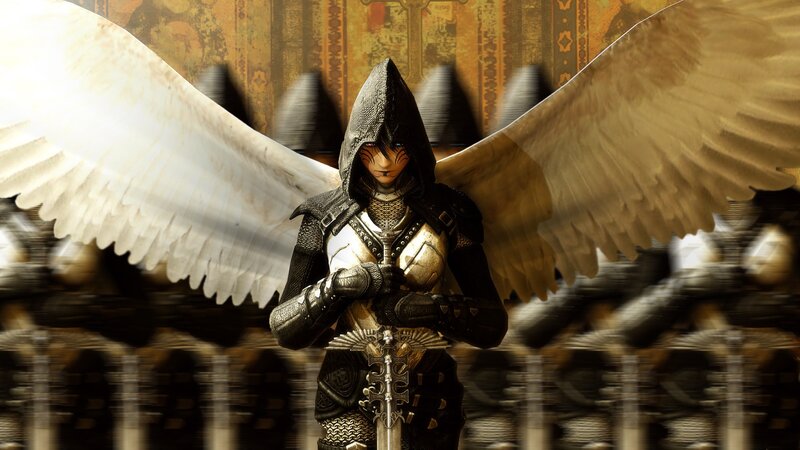 Angelic Warrior with Wings — Black, Dramatic, Digital Art, Armor