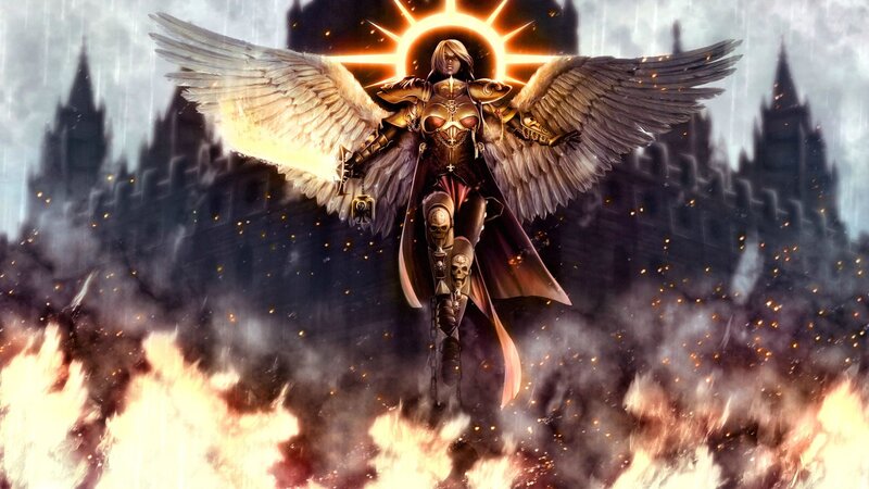 Angelic Warrior with Wings — Black, Dramatic, Digital Art, Flames