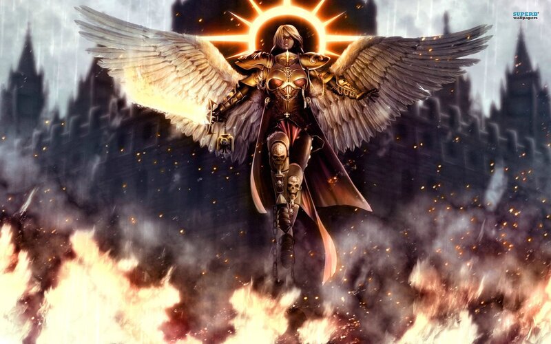 Angelic Warrior with Wings — Black, Dramatic, Digital Art, Skulls, Fire, Gold