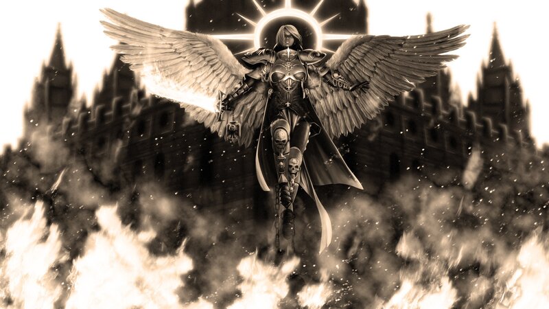 Angelic Warrior with Wings — Black, Dramatic, Digital Art, Skulls