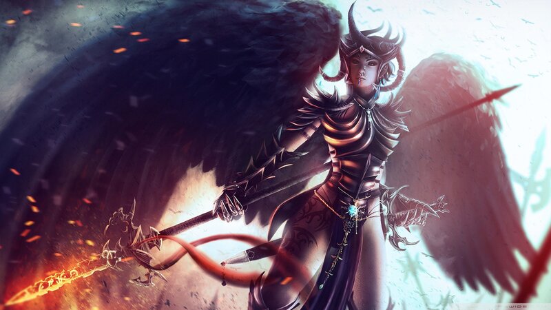 Angelic Warrior with Wings — Black, Dramatic, Digital Art, Sword, Armor