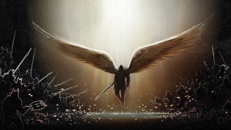 Angelic Warrior with Wings — Black, Dramatic, Digital Art, Sword, Army