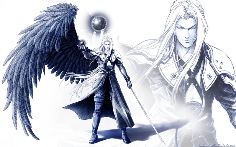 Angelic Warrior with Wings — Black, Dramatic, Digital Art, Sword, Magic Ball