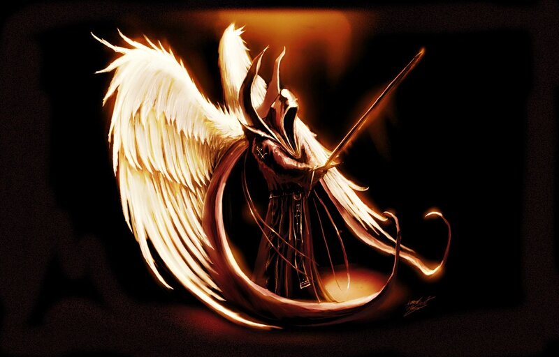 Angelic Warrior with Wings — Black, Dramatic, Digital Art, Sword