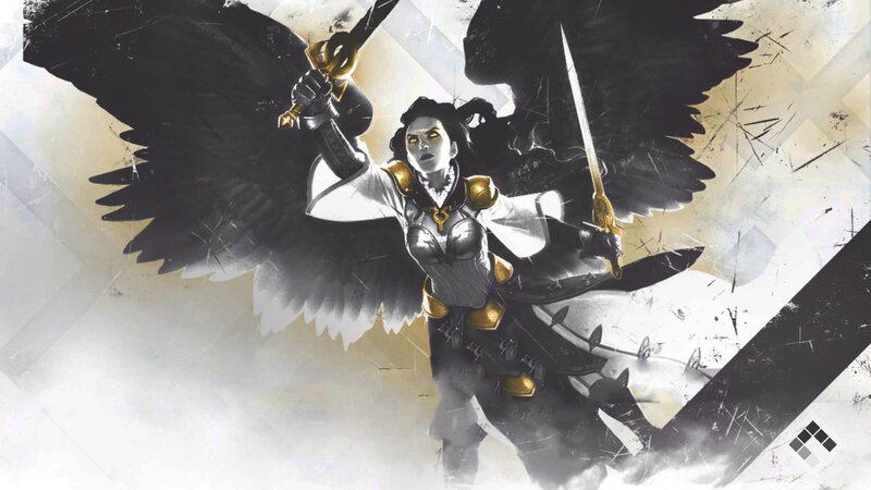 Angelic Warrior with Wings — Black, Dramatic, Digital Art, Swords