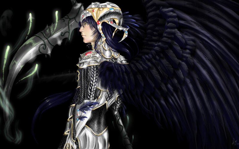 Angelic Warrior with Wings — Black, Dramatic, Night, Digital Art, Armor