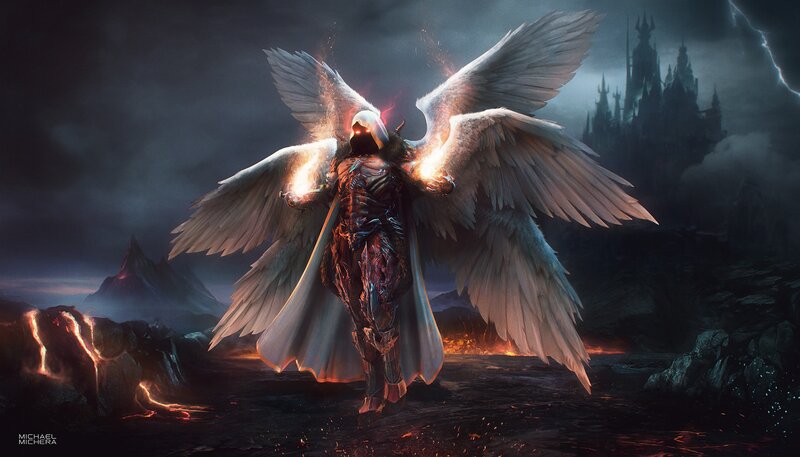 Angelic Warrior with Wings — Black, Dramatic, Night, Digital Art, Castle