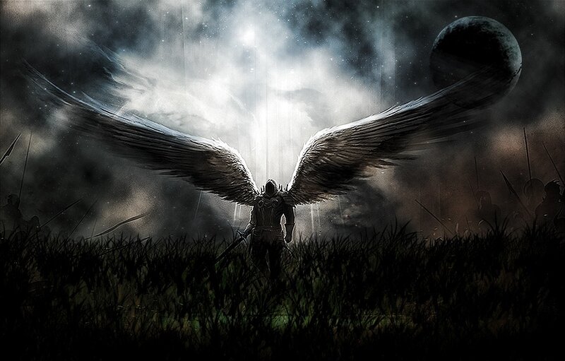 Angelic Warrior with Wings — Black, Dramatic, Night, Digital Art, Moon