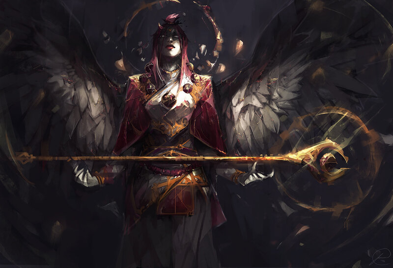Angelic Warrior with Wings — Black, Dramatic, Night, Digital Art, Staff, Armor